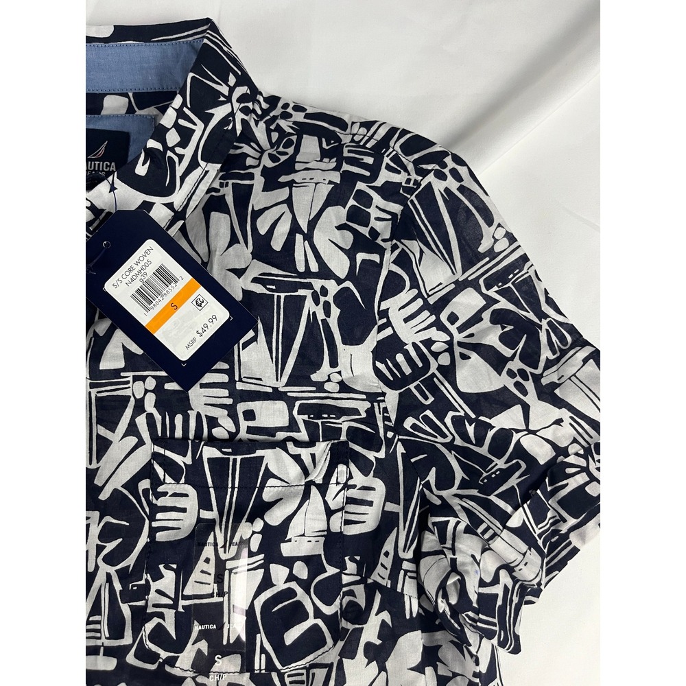 Nautica Jeans Mens S Button‎ Up Shirt Short Sleeve Sailboats Graphic Black